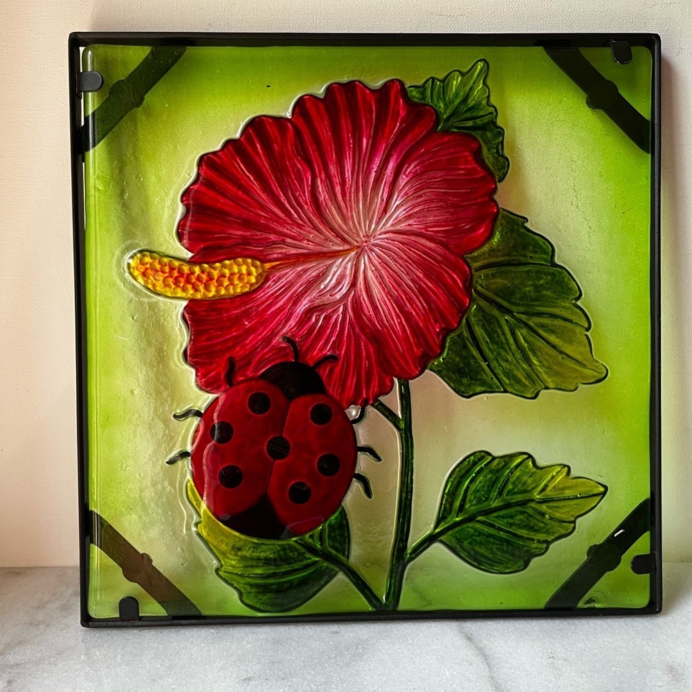 Vibrant Floral Glass Art with Ladybug suncatcher - Picture 3 of 10